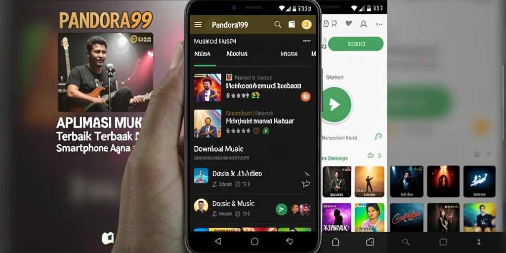 Antarmuka PANDORA99 menampilkan pilihan musik dan fitur unggulan untuk pengunduhan.