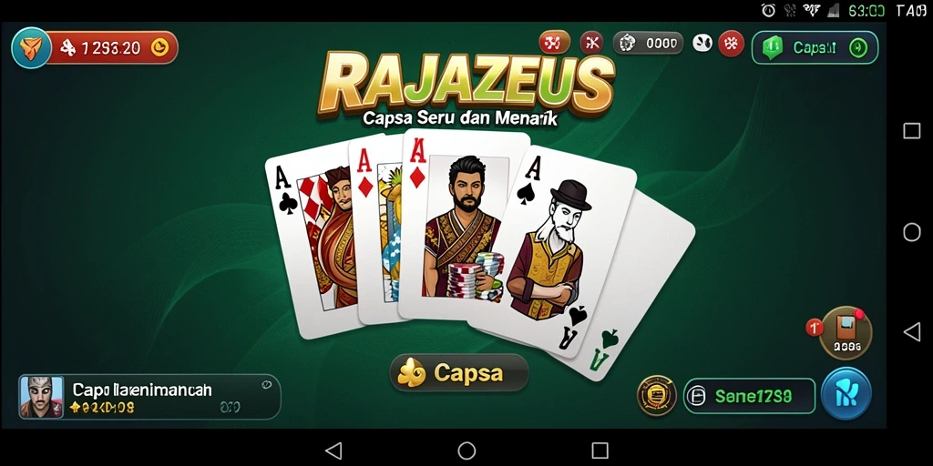Antarmuka menarik dari permainan Capsa RAJAZEUS yang penuh warna.