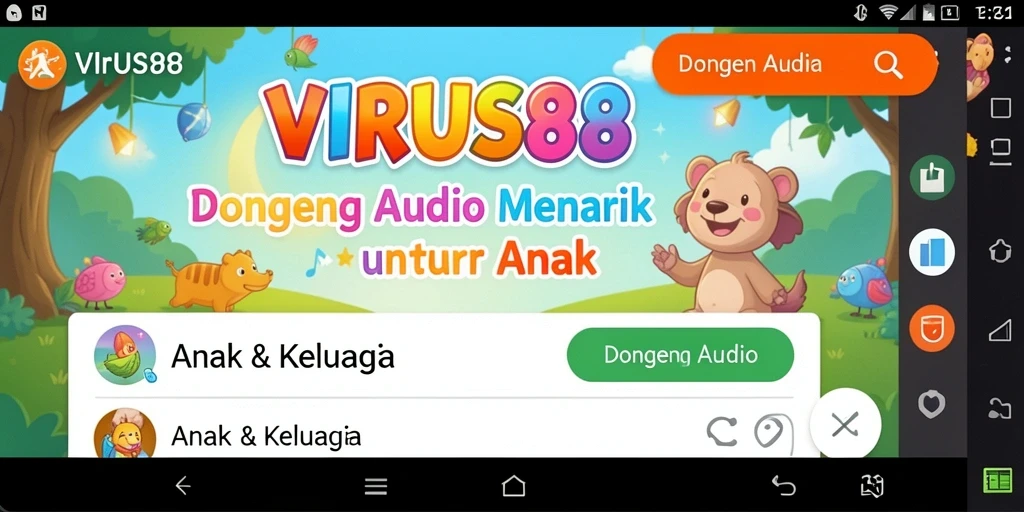 Antarmuka aplikasi VIRUS88 menampilkan berbagai pilihan dongeng audio untuk anak-anak.